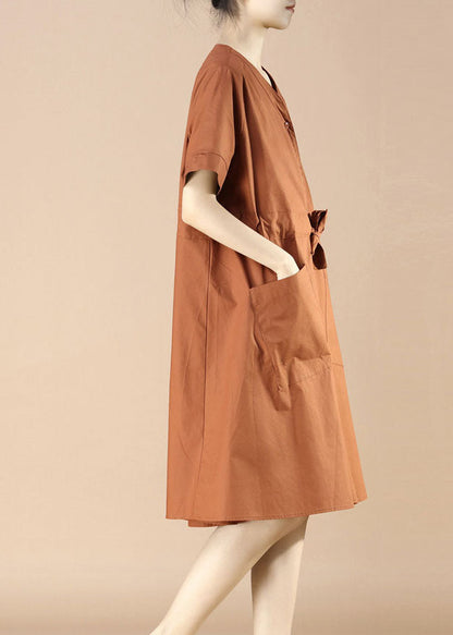 Caramel V Neck Pockets Patchwork Cotton Dress Summer
