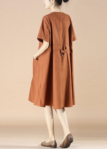 Caramel V Neck Pockets Patchwork Cotton Dress Summer