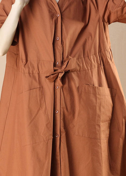 Caramel V Neck Pockets Patchwork Cotton Dress Summer