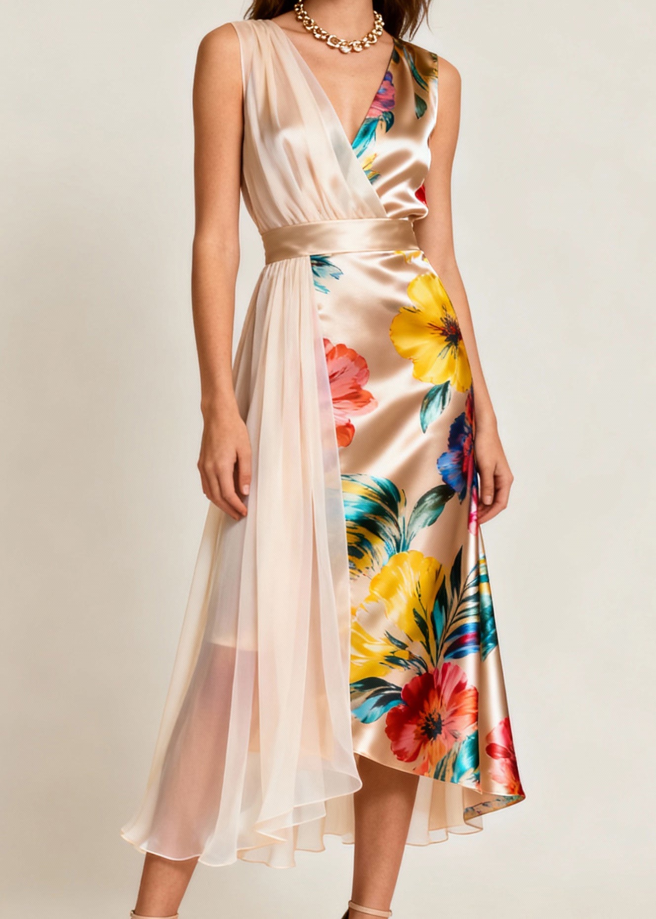 Champagne Color Asymmetrical Print Tulle Patchwork Dress Sleeveless