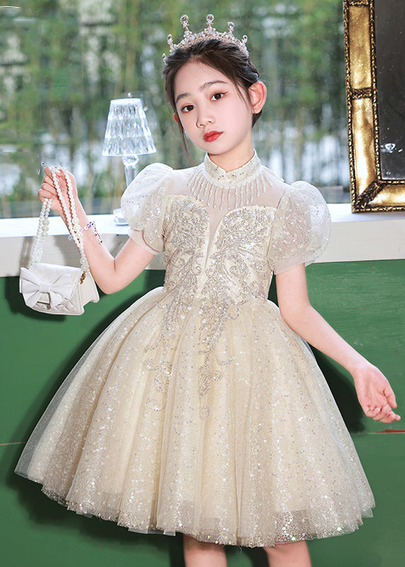 Champagne Stand Collar Sequins Tulle Kids Mid Dresses Summer