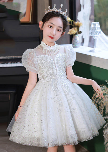 Champagne Stand Collar Sequins Tulle Kids Mid Dresses Summer