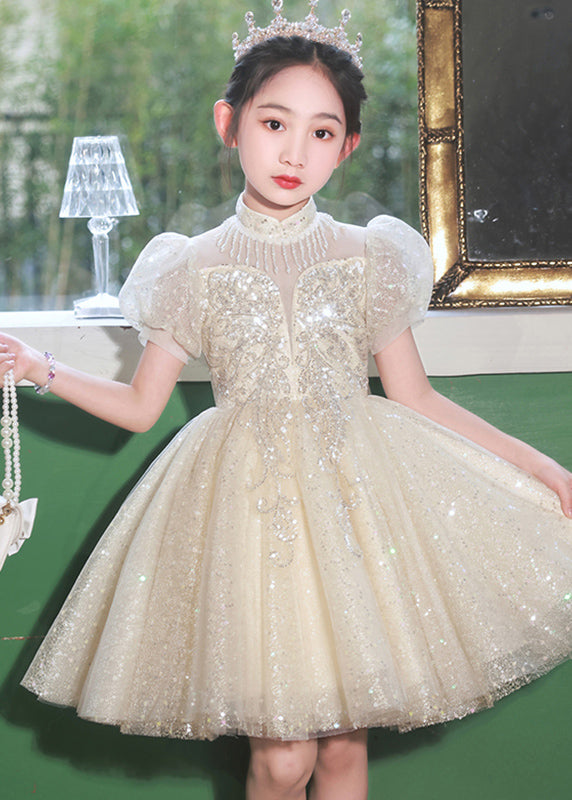 Champagne Stand Collar Sequins Tulle Kids Mid Dresses Summer