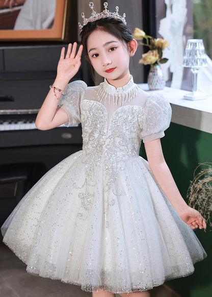 Champagne Stand Collar Sequins Tulle Kids Mid Dresses Summer
