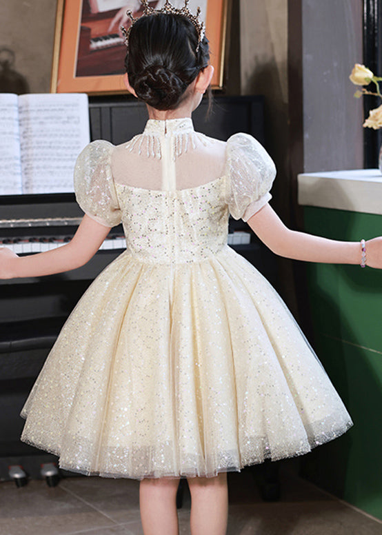 Champagne Stand Collar Sequins Tulle Kids Mid Dresses Summer