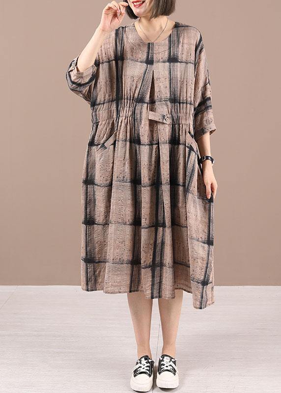 Chocolate Plaid Cotton Cinched Summer Holiday Dress