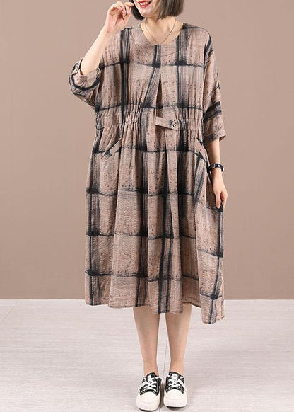 Chocolate Plaid Cotton Cinched Summer Holiday Dress