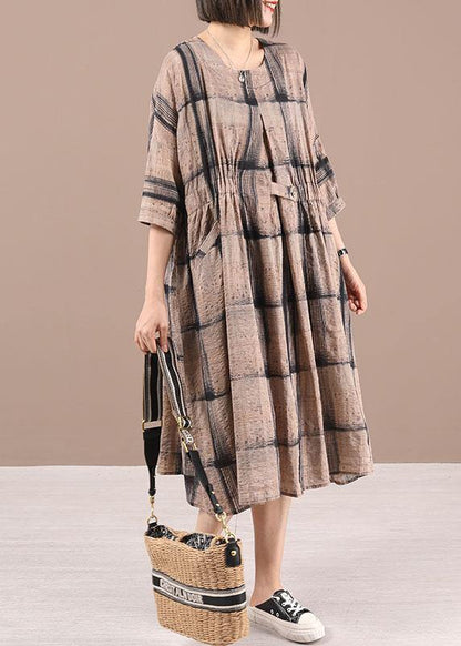 Chocolate Plaid Cotton Cinched Summer Holiday Dress