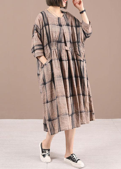 Chocolate Plaid Cotton Cinched Summer Holiday Dress