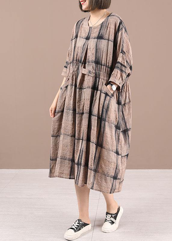 Chocolate Plaid Cotton Cinched Summer Holiday Dress