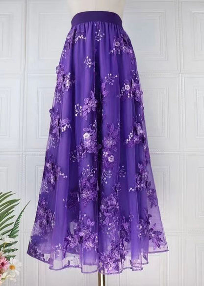 Coffee Embroidered High Waist Tulle Skirts Spring