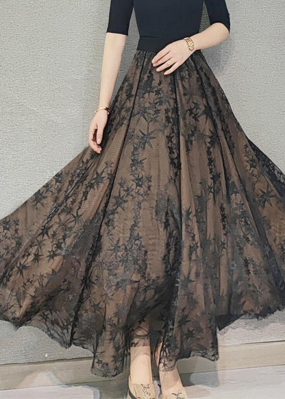 Chocolate Embroideried High Waist Flatering Tulle Maxi Skirt Spring