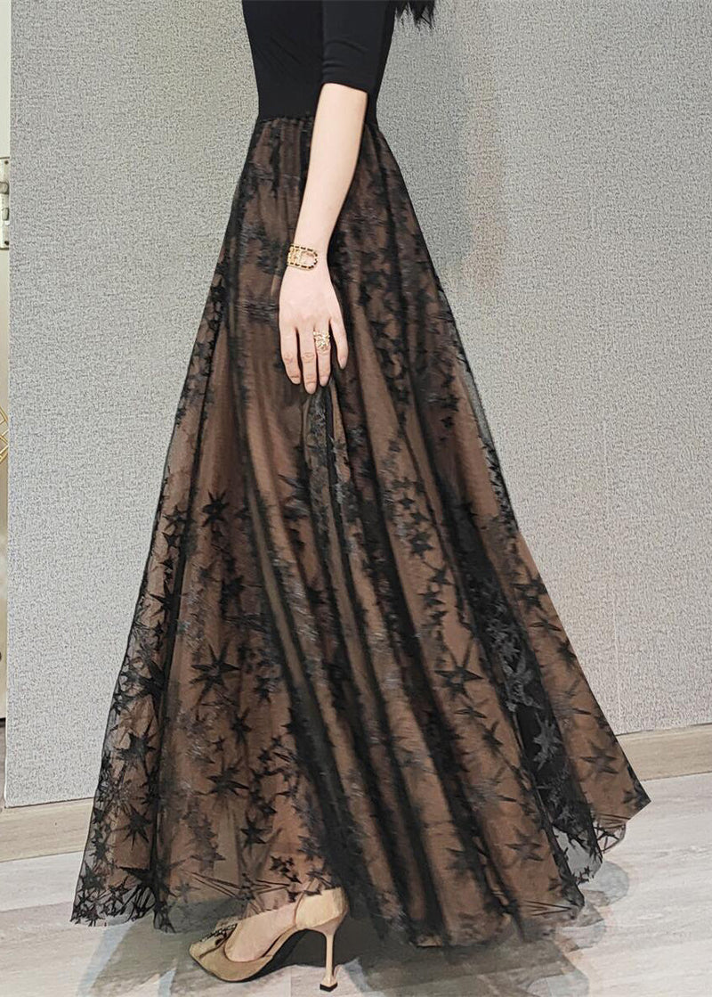 Chocolate Embroideried High Waist Flatering Tulle Maxi Skirt Spring
