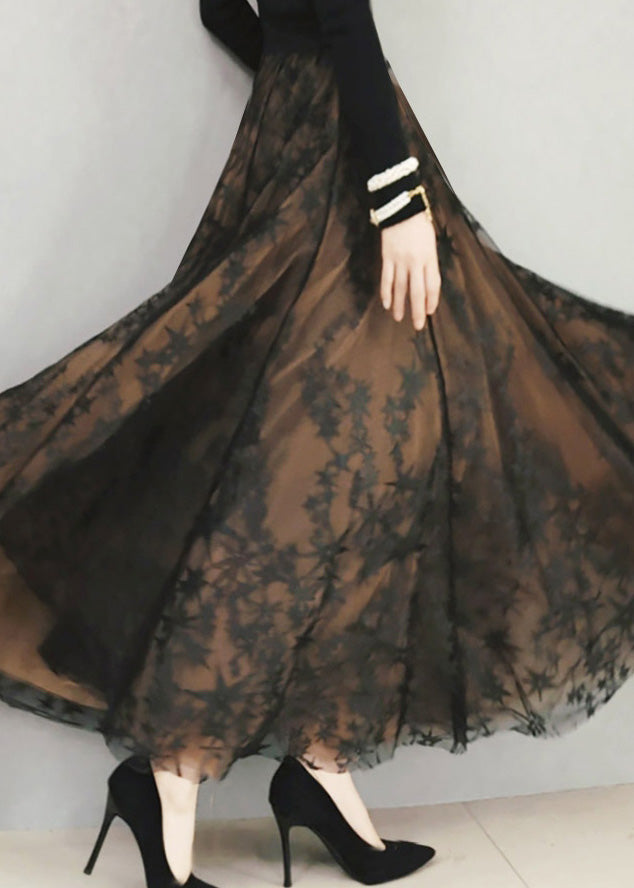 Chocolate Embroideried High Waist Flatering Tulle Maxi Skirt Spring