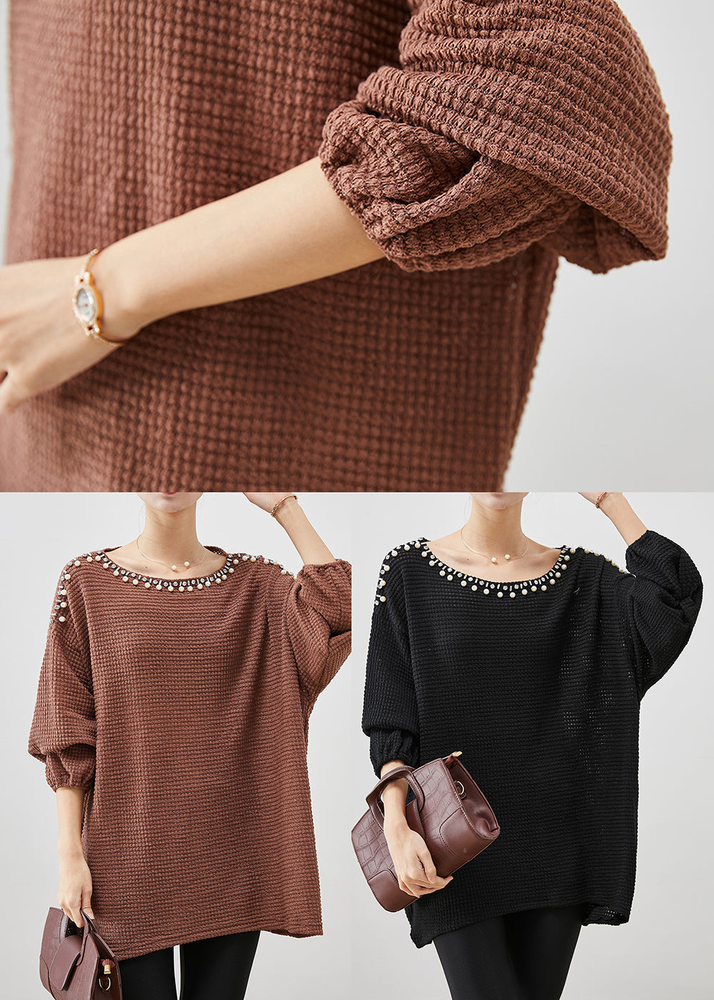 Coffee Nail Bead Thick Knit Sweater Winter