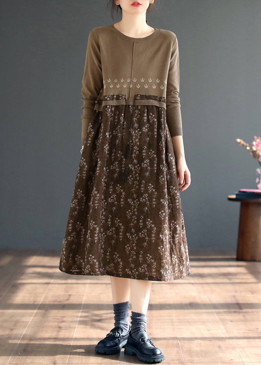 Coffee O Neck Print Patchwork Knitting Dress Fall