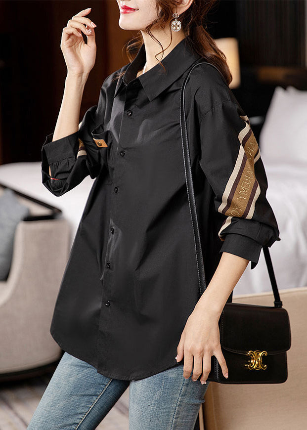 Coffee Peter Pan Collar Button Patchwork Cotton Shirt Fall