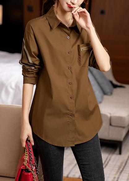 Coffee Peter Pan Collar Button Patchwork Cotton Shirt Fall