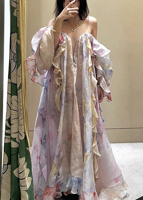 Cold Shoulder Ruffled Print Chiffon Long Dresses