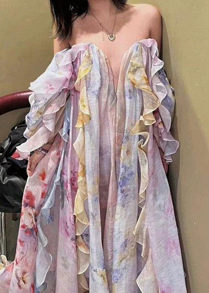 Cold Shoulder Ruffled Print Chiffon Long Dresses