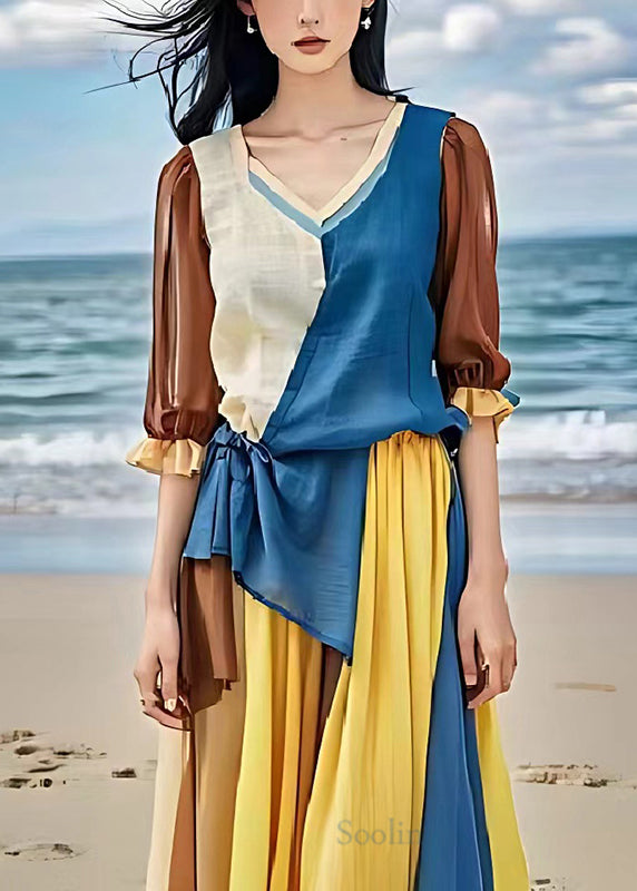 Colorblock Asymmetrical Patchwork Linen Cinched Dress Summer