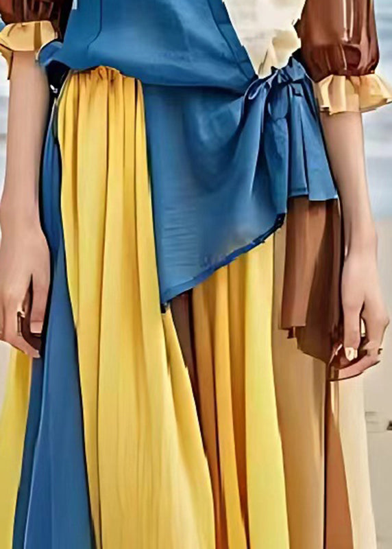 Colorblock Asymmetrical Patchwork Linen Cinched Dress Summer
