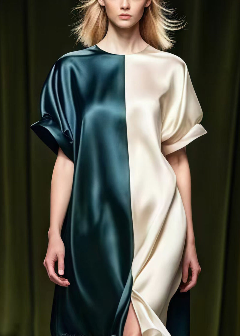 Colorblock Asymmetrical Patchwork Side Open Silk Vacation Dresses Summer