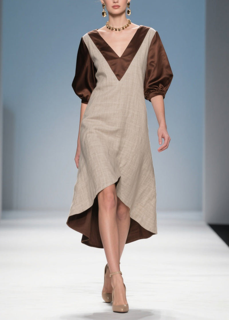 Colorblock Low High Design Patchwork Linen Silk Dress Summer