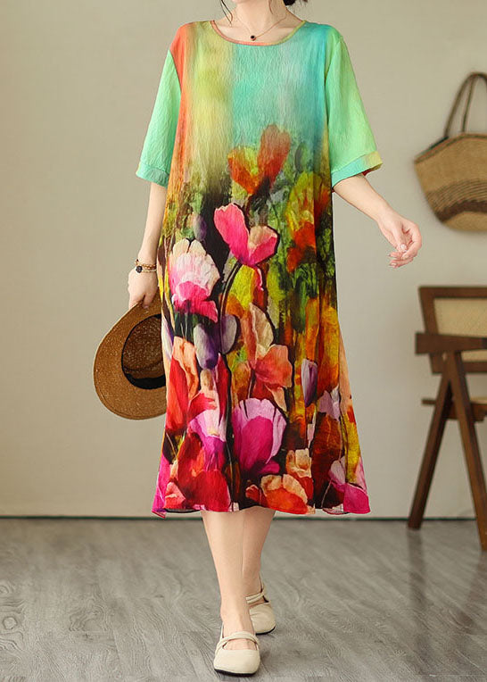 Colorblock O Neck Print Patchwork Cotton Dress Summer