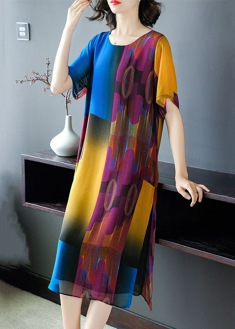 Colorblock O Neck Side Open Patchwork Chiffon Dress Summer