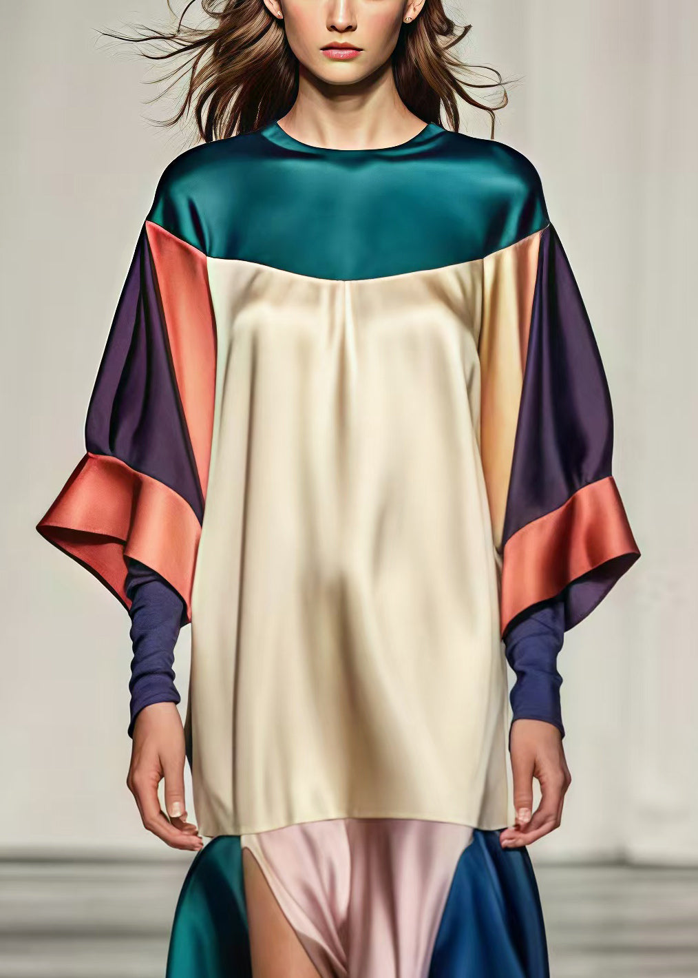 Colorblock Oversized Patchwork Side Open Silk Dress Summer
