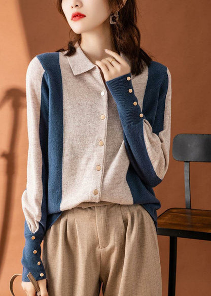 Colorblock Peter Pan Collar Patchwork Cashmere Cardigans Spring