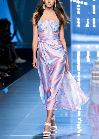 Colorblock Print Bow Ice Silk Vestidos Strapless Dress