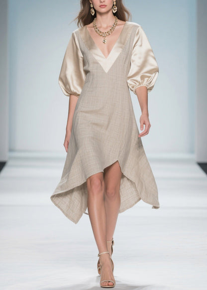 Colorblock Puff Sleeve Patchwork Linen Silk Dresses
