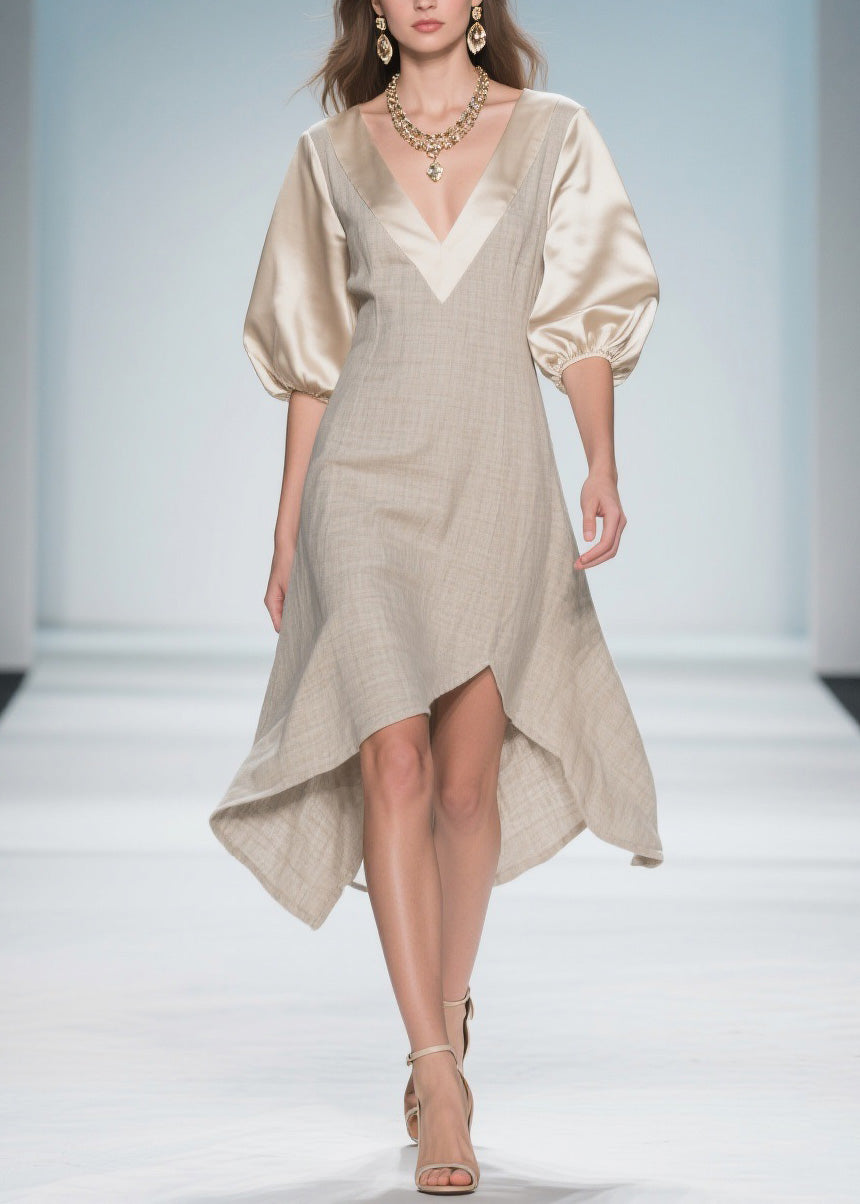 Colorblock Puff Sleeve Patchwork Linen Silk Dresses