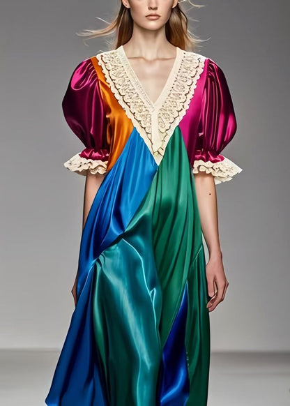 Colorblock Puff Sleeve Patchwork Silk Dress Summer