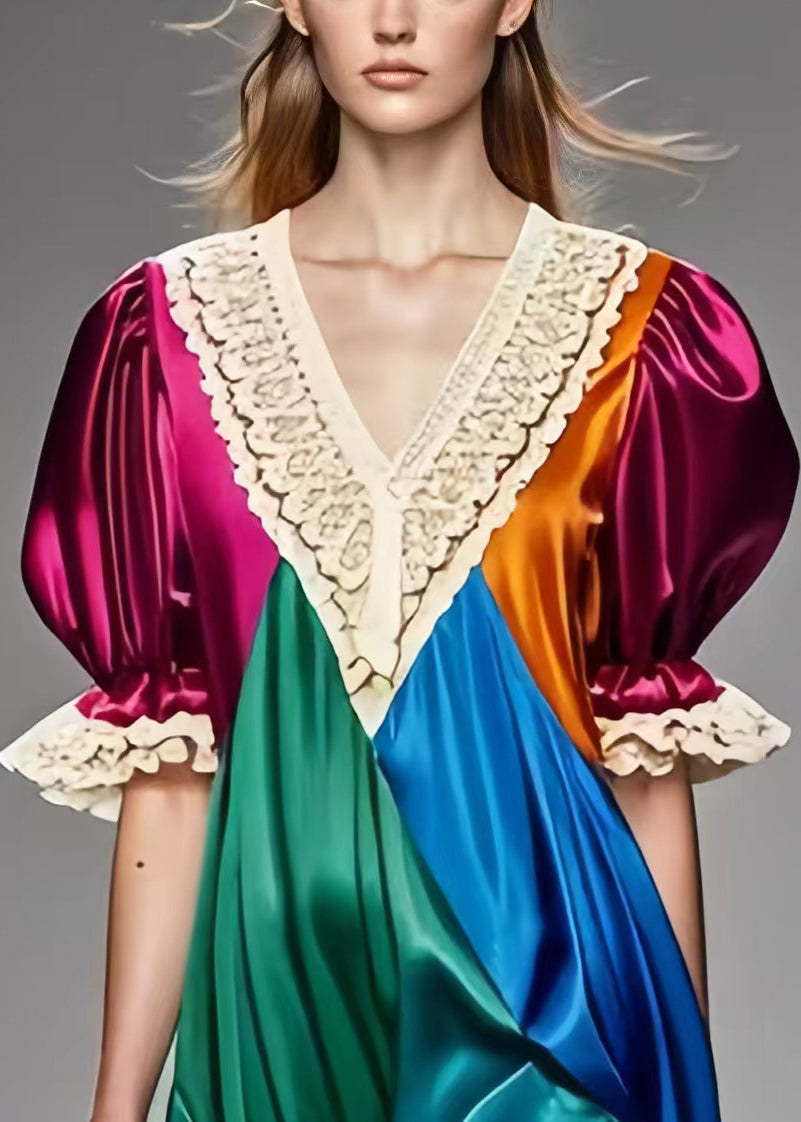 Colorblock Puff Sleeve Patchwork Silk Dress Summer