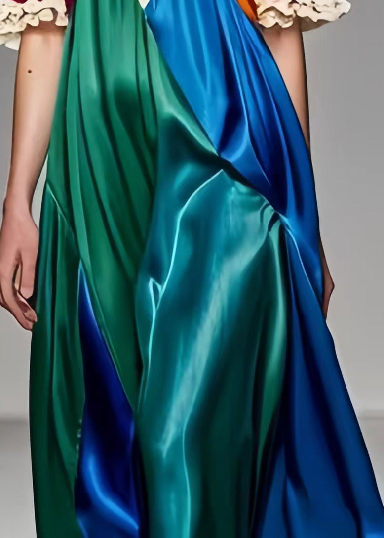 Colorblock Puff Sleeve Patchwork Silk Dress Summer