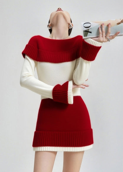 Colorblock Slash Neck Patchwork Knit Sweater and Skirt Two Pieces Set Fall