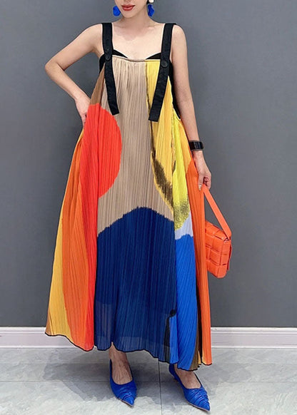 Colorblock Slash Neck Wrinkled Maxi Dress Sleeveless
