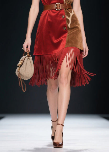 Colorblock Tassel Patchwork Velvet Dresses Sleeveless