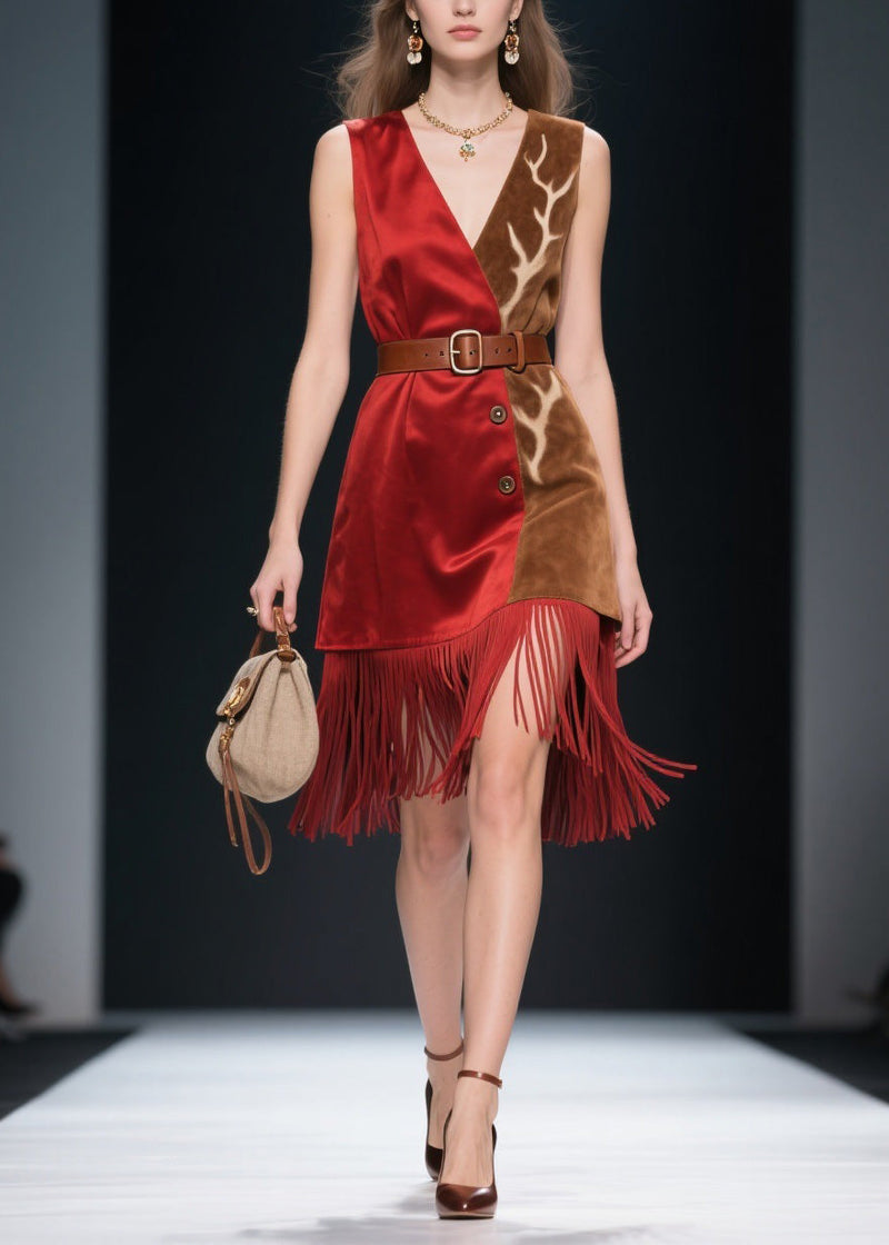 Colorblock Tassel Patchwork Velvet Dresses Sleeveless