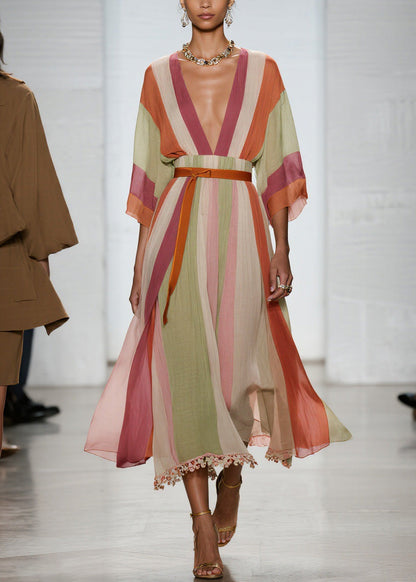 Colorblock V Neck Patchwork Cotton Long Dresses Summer