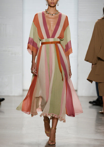 Colorblock V Neck Patchwork Cotton Long Dresses Summer
