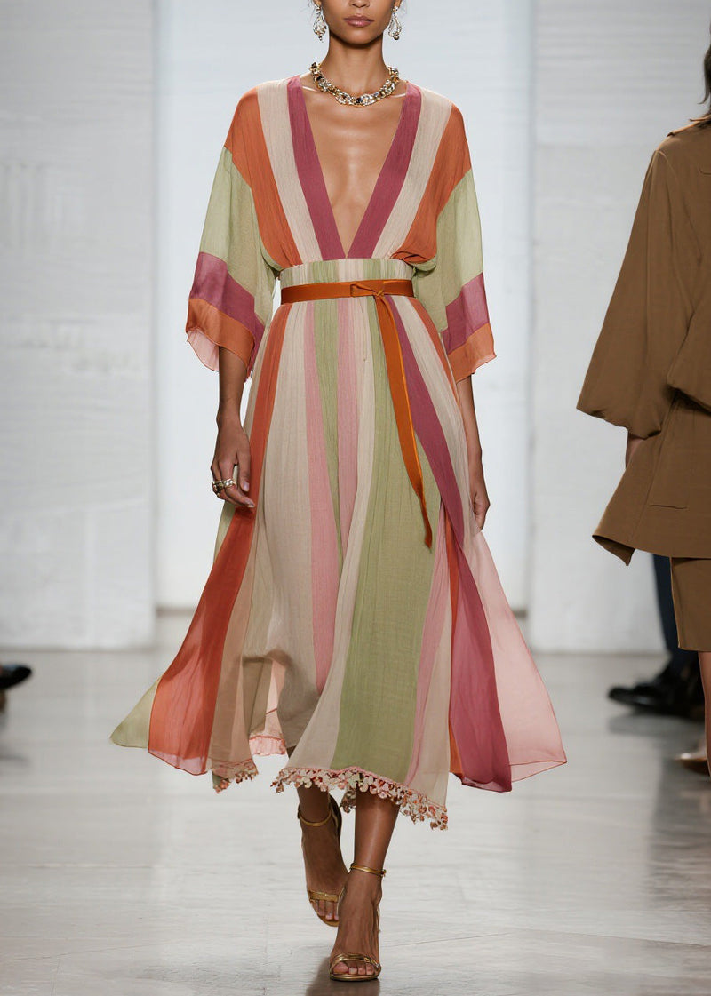 Colorblock V Neck Patchwork Cotton Long Dresses Summer