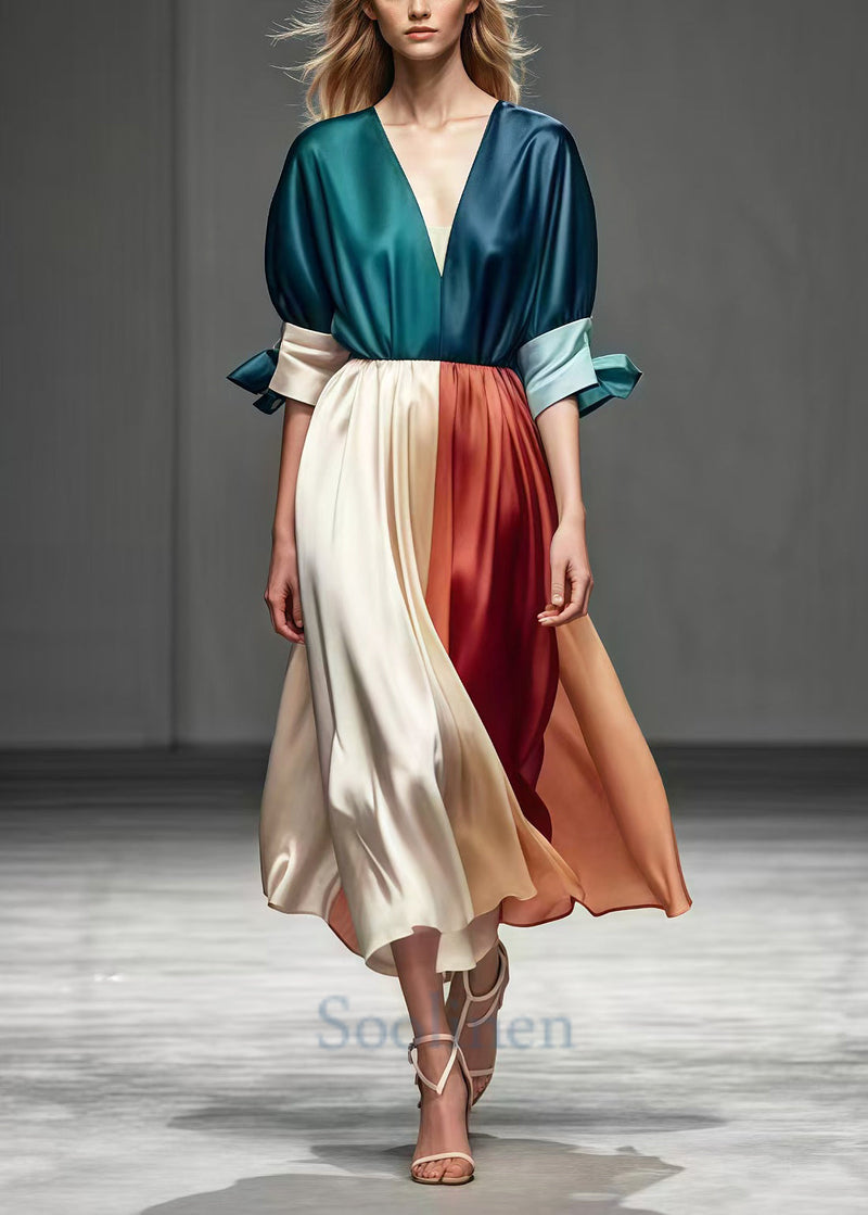 Colorblock V Neck Patchwork Exra Large Hem Silk Dress Summer