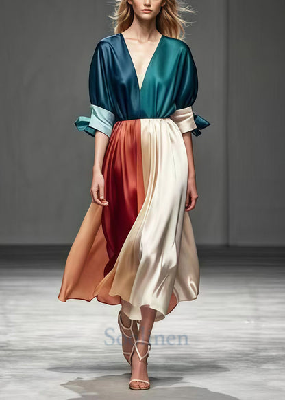 Colorblock V Neck Patchwork Exra Large Hem Silk Dress Summer