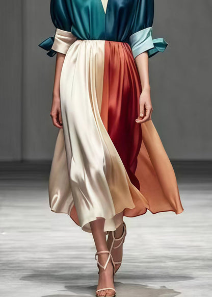 Colorblock V Neck Patchwork Exra Large Hem Silk Dress Summer