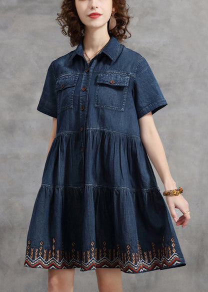 Denim Blue Peter Pan Collar Embroideried Cotton Shirt Dress Short Sleeve