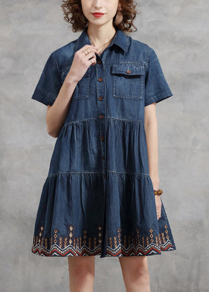 Denim Blue Peter Pan Collar Embroideried Cotton Shirt Dress Short Sleeve